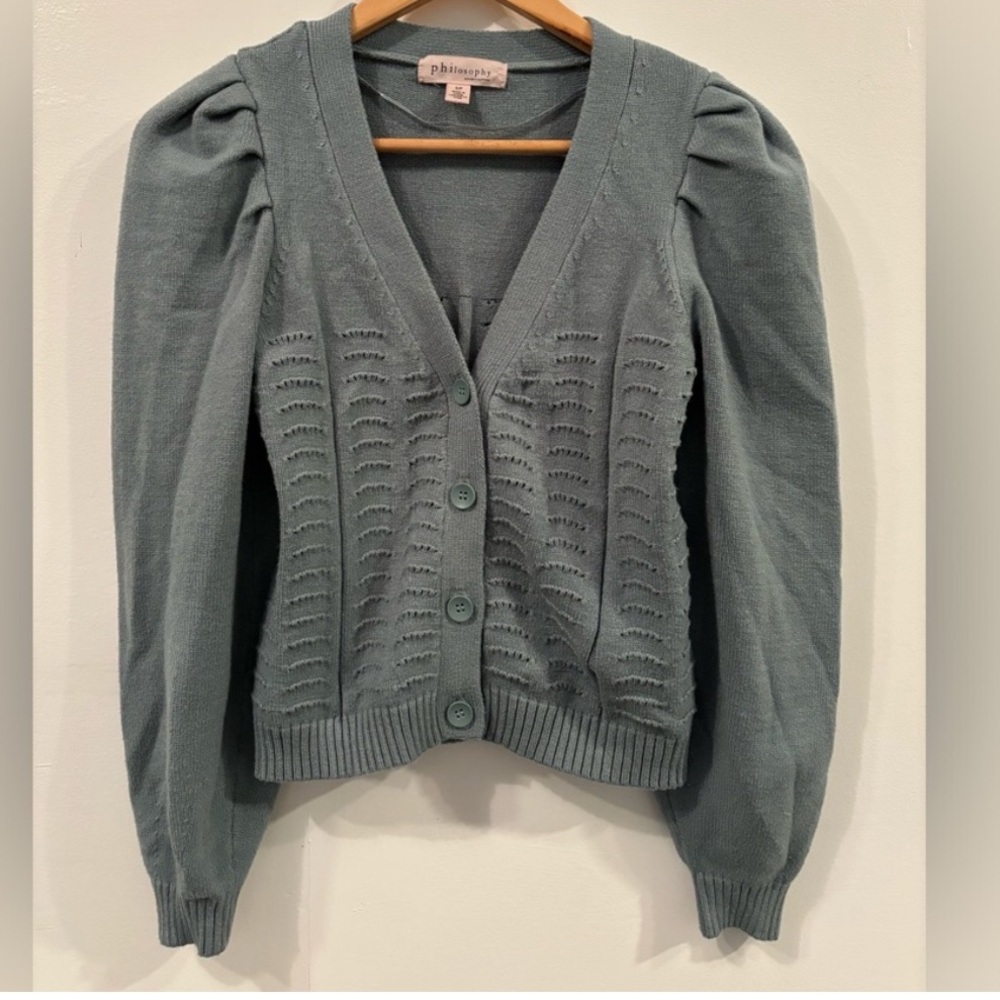 Philosophy Teal Green Puff Sleeve Pointelle Sweater